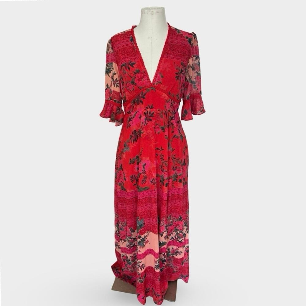 Hope & Ivy Red Floral Maxi Dress Womens 14 Sheer Ruffle Sleeve Chiffon Boho NWT